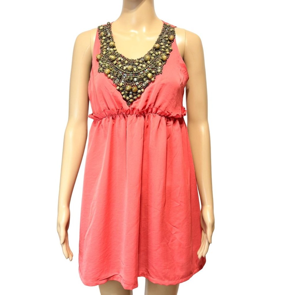 21 Sz SP Beaded Front Coral Elasticized Waist Dress